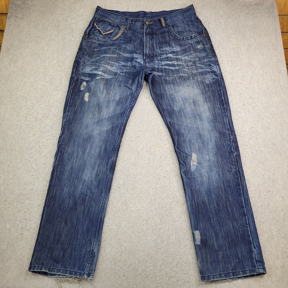 Jordan Craig Jeans‎ Mens 36x32 Blue Distressed Whiskered Dark Straight Denim